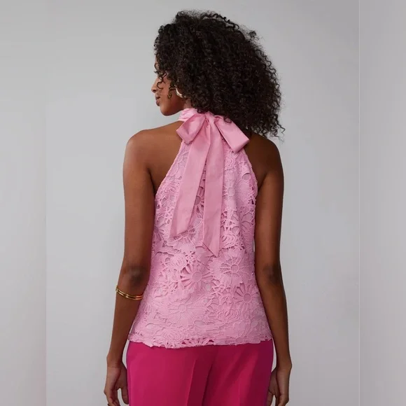 NY&Co Halter Neck Crochet Lace Bow Back Top - size large - NWT - Picture 2 of 12